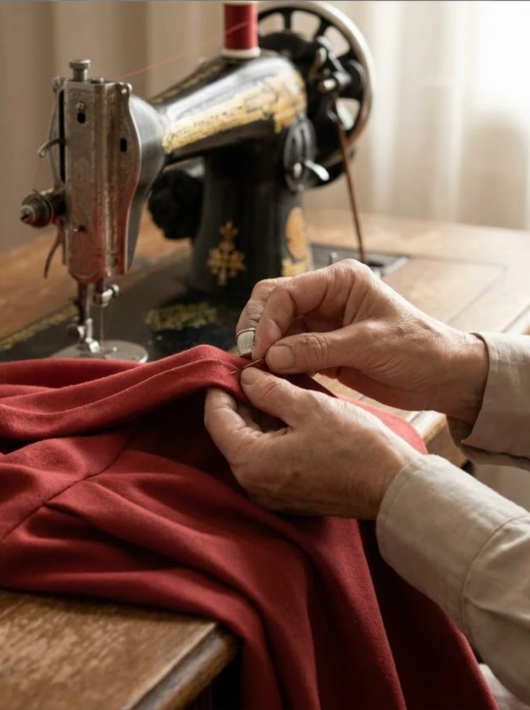 Schneiderin näht von Hand einen Saum an rotem Wollstoff bei Davris Fashion