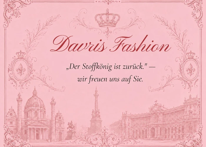 Illustrierte Postkarte mit Wiener Stadtsilhouette (Karlskirche, Hofburg) in Ornamentrahmen — Davris Fashion: „Der Stoffkönig ist zurück.“ Wir freuen uns auf Sie.