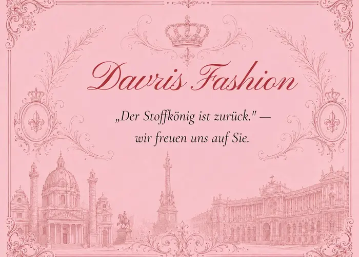 Illustrierte Postkarte mit Wiener Stadtsilhouette (Karlskirche, Hofburg) in Ornamentrahmen — Davris Fashion: „Der Stoffkönig ist zurück.“ Wir freuen uns auf Sie.